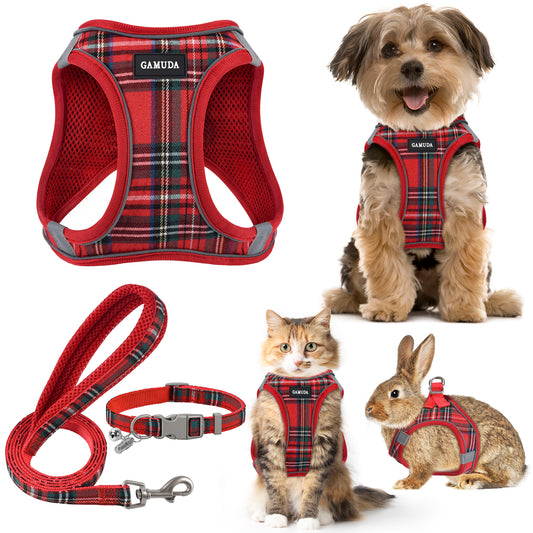 GAMUDA Step-In Harness, Collar & Leash Set — Red Plaid