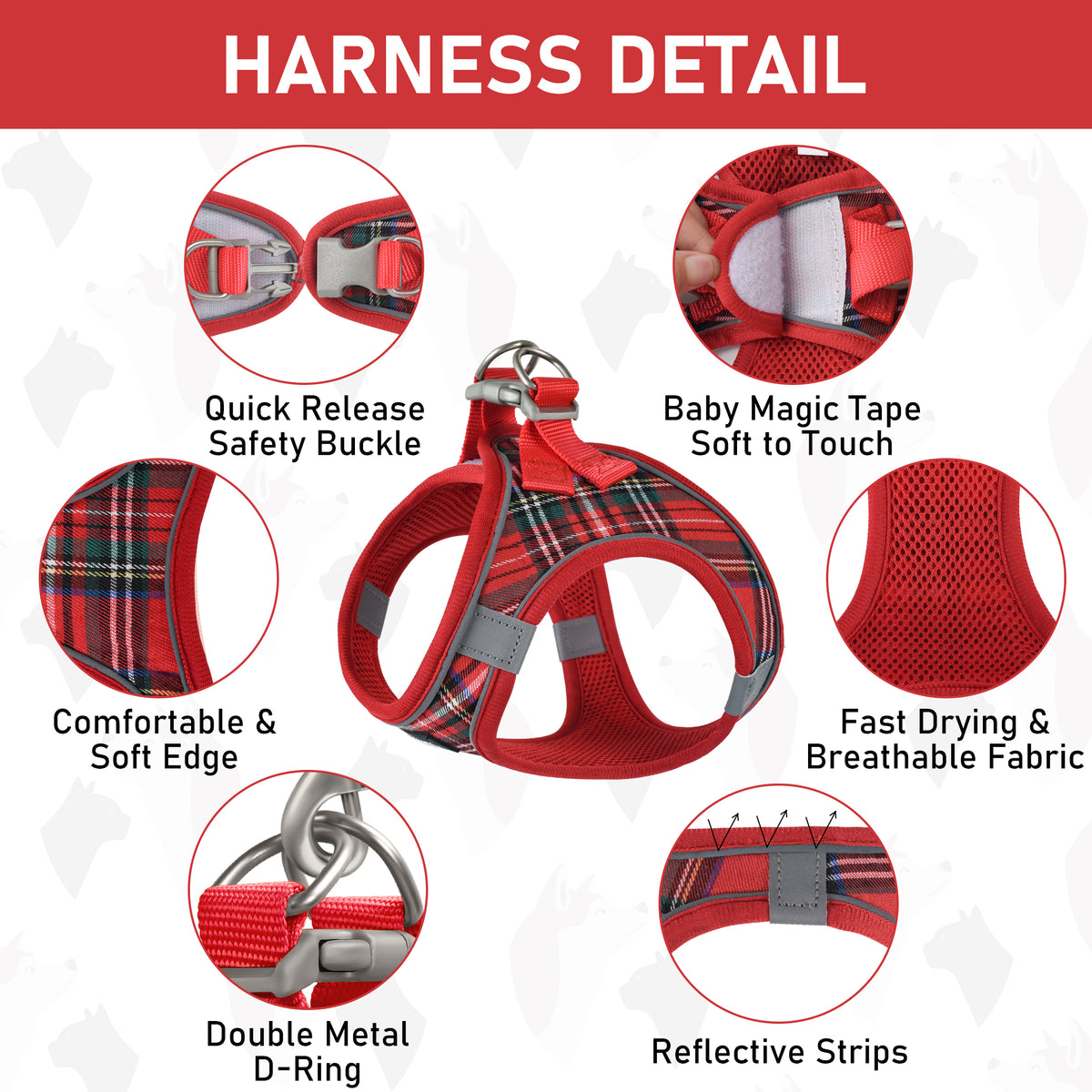 GAMUDA Small Pet Harness Collar and Leash Set, Step in No Chock No Pull Soft Mesh Adjustable Dog Vest Harnesses Plaid Reflective for Dogs Puppy Cats Kitten Rabbit