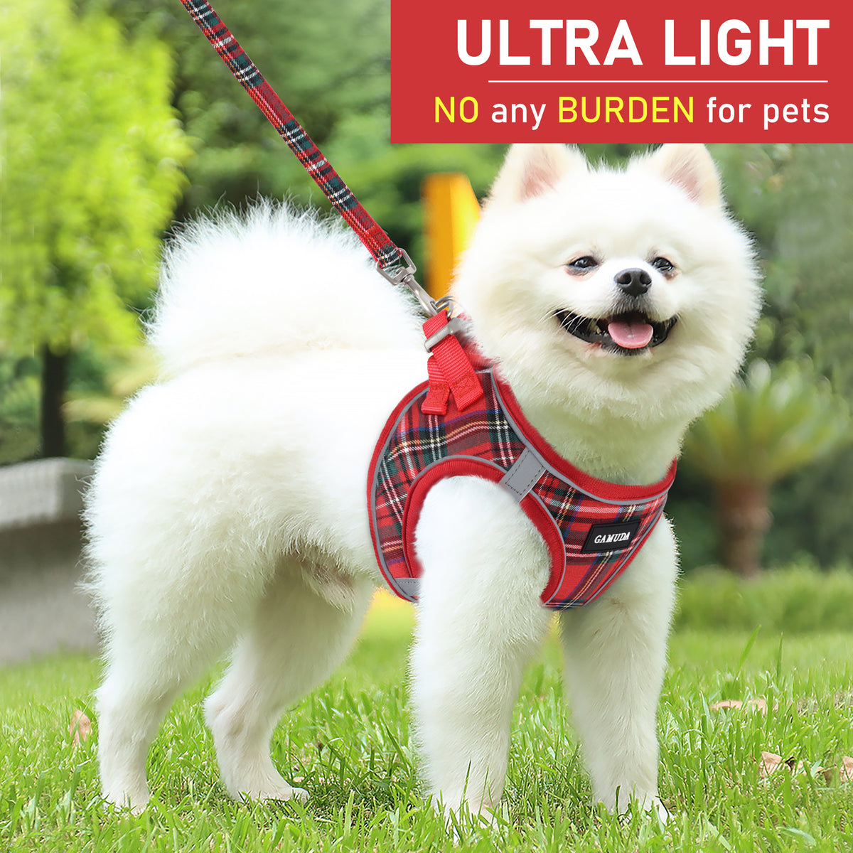 GAMUDA Small Pet Harness Collar and Leash Set, Step in No Chock No Pull Soft Mesh Adjustable Dog Vest Harnesses Plaid Reflective for Dogs Puppy Cats Kitten Rabbit
