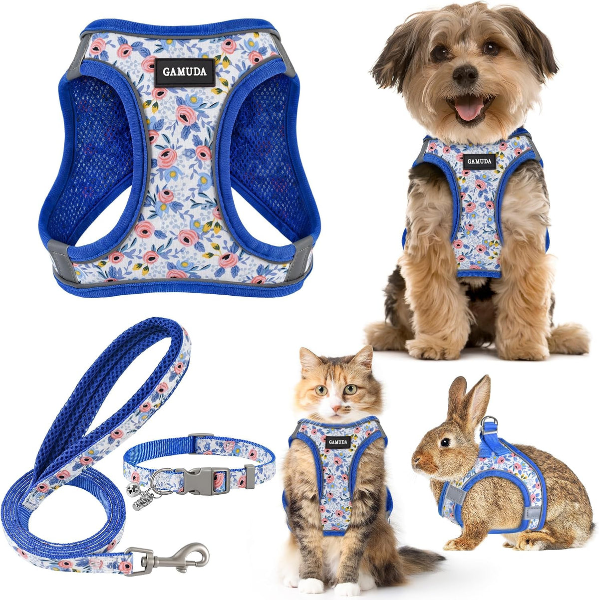 GAMUDA Step-In Harness, Collar & Leash Set — Blue Flower