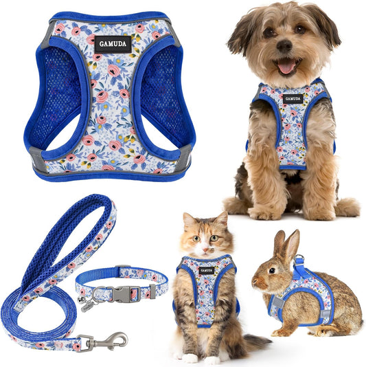 GAMUDA Step-In Harness, Collar & Leash Set — Blue Flower