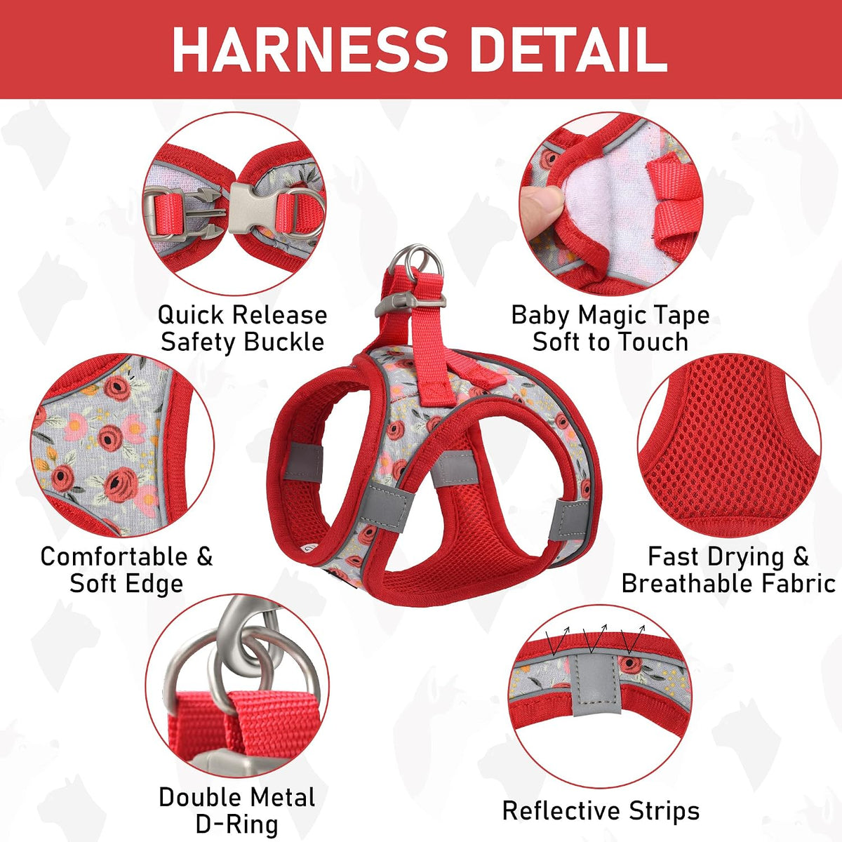 GAMUDA Step-In Harness, Collar & Leash Set — Red Flower