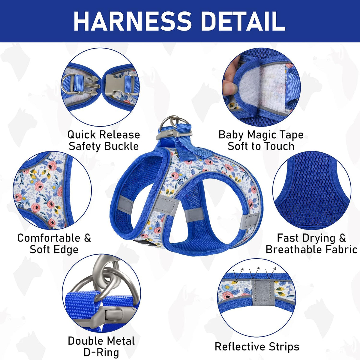 GAMUDA Step-In Harness, Collar & Leash Set — Blue Flower