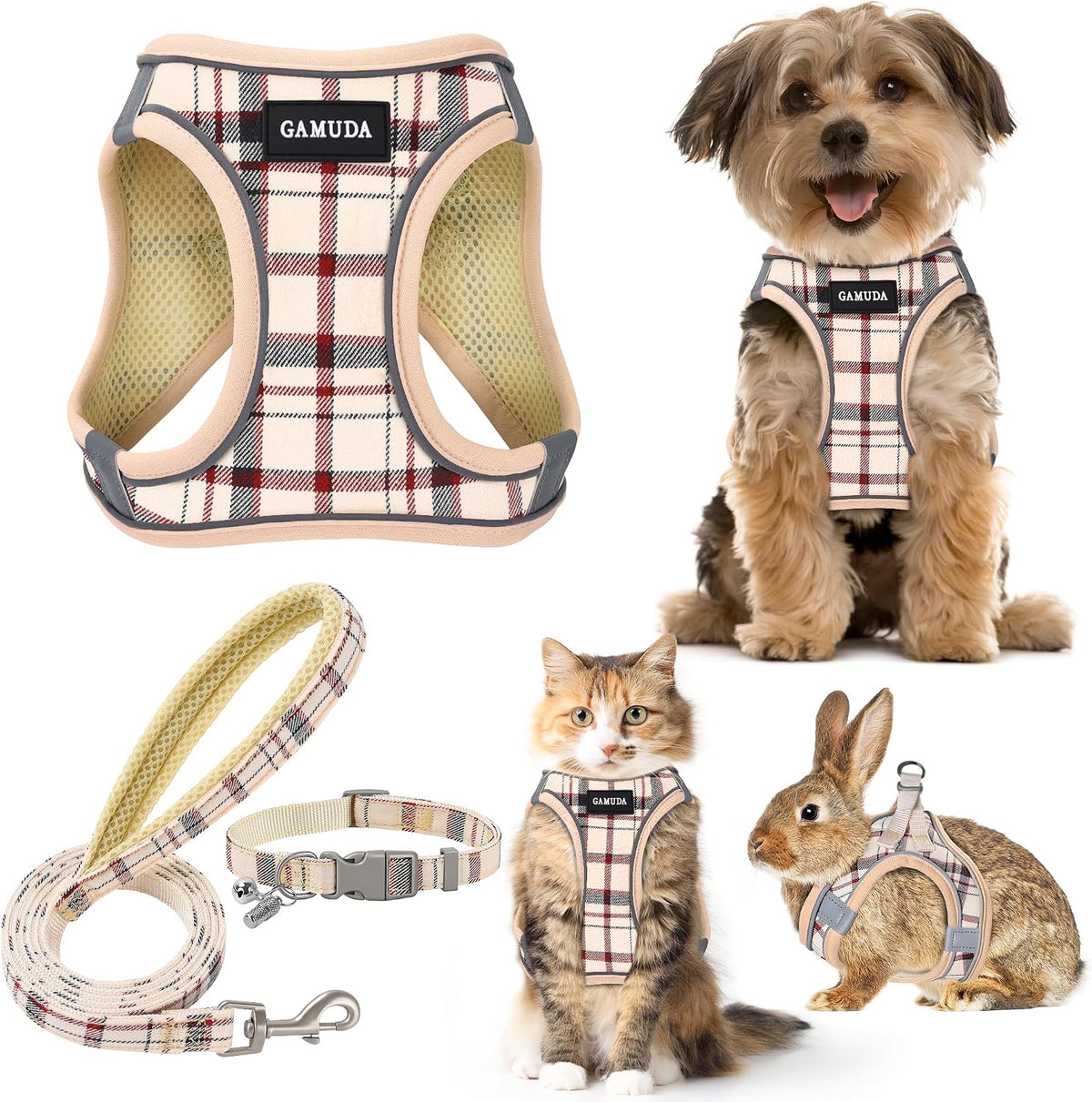 GAMUDA Step-In Harness, Collar & Leash Set — Beige Red