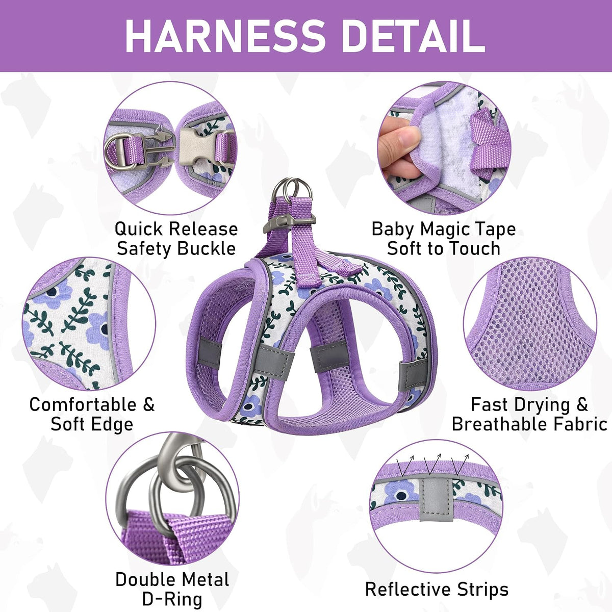 GAMUDA Step-In Harness, Collar & Leash Set — Purple Flower