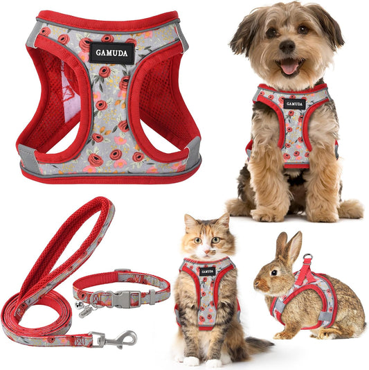 GAMUDA Step-In Harness, Collar & Leash Set — Red Flower