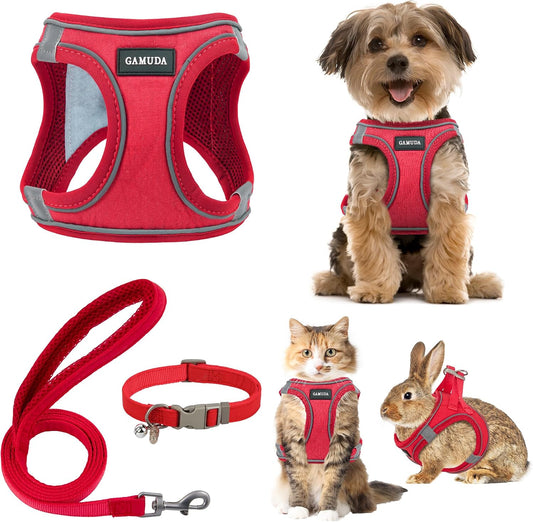 GAMUDA Linen Step-In Harness, Collar & Leash Set — Red