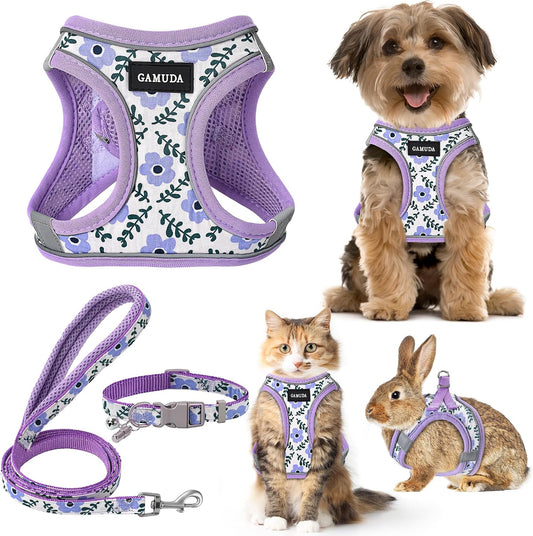 GAMUDA Step-In Harness, Collar & Leash Set — Purple Flower