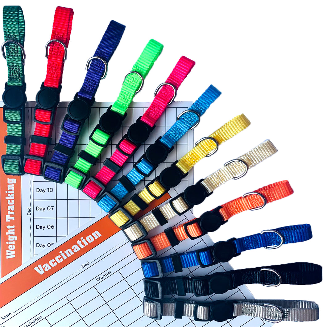 GAMUDA Puppy Collars – Super Soft Nylon Whelping Puppy ID - Adjustable Breakaway Litter Collars Pups – Assorted Colors Plain & Identification Collars with 2 Record Keeping Charts – Set of 12 (M)