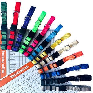 GAMUDA Puppy Collars – Super Soft Nylon Whelping Puppy ID - Adjustable Breakaway Litter Collars Pups – Assorted Colors Plain & Identification Collars with 2 Record Keeping Charts – Set of 12 (S)