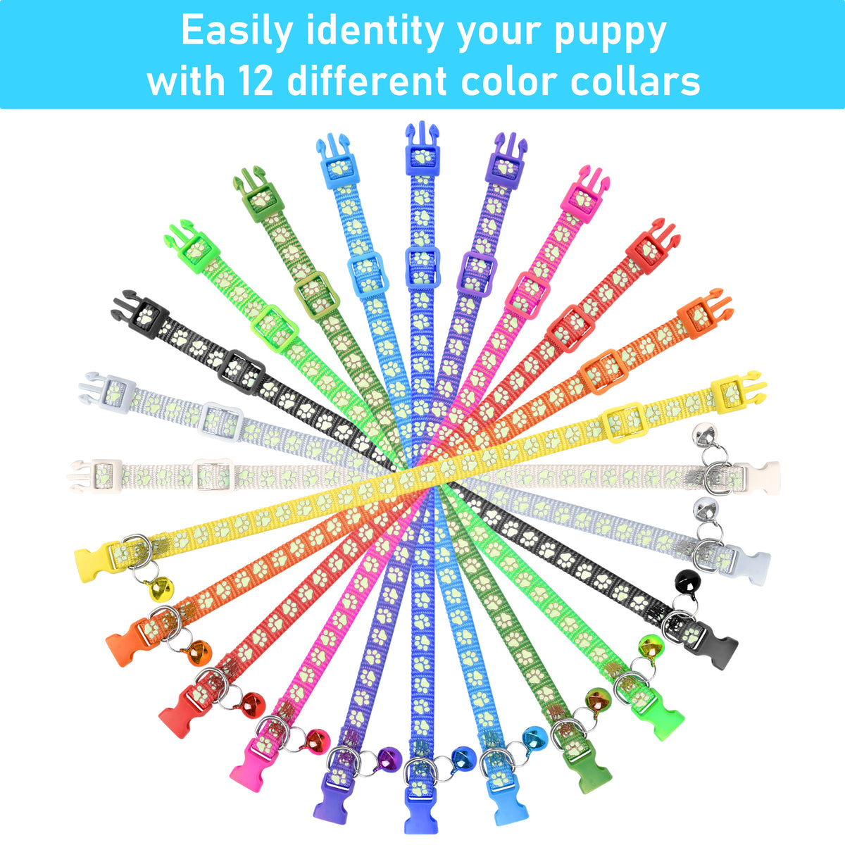 GAMUDA 12Pcs Reflective Puppy Collars, Soft Nylon Whelping Collars, Identification Collars Glow in The Dark, Adjustable Buckle Litter Collars with 2 Record Keeping Charts