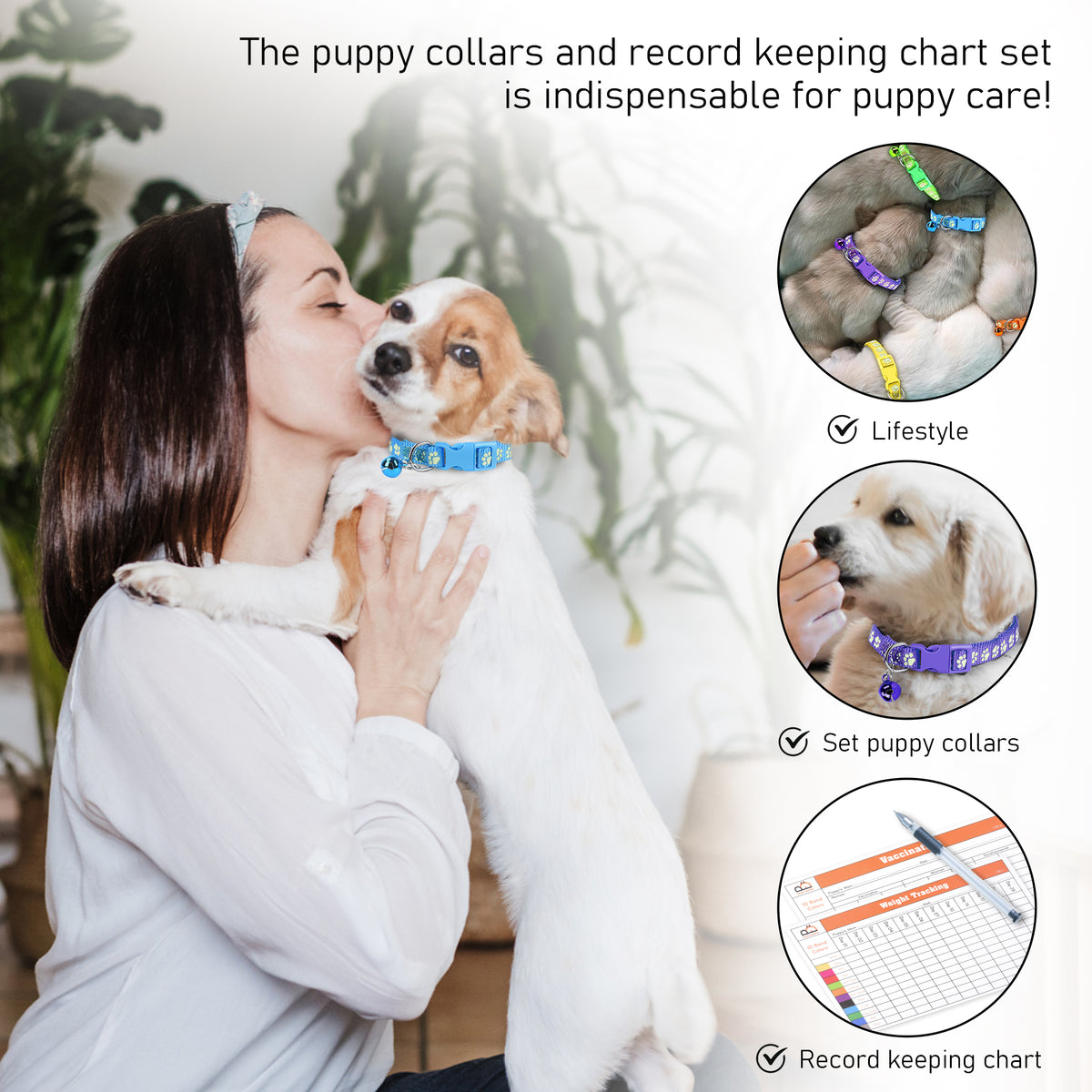 GAMUDA 12Pcs Reflective Puppy Collars, Soft Nylon Whelping Collars, Identification Collars Glow in The Dark, Adjustable Buckle Litter Collars with 2 Record Keeping Charts