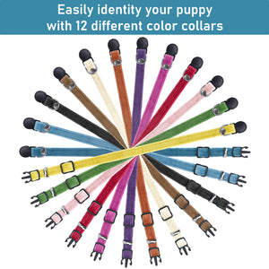 GAMUDA Puppy Collars Velvet – Super Soft Nylon Whelping Puppy ID - Adjustable Breakaway Litter Collars Pups – Assorted Colors Plain & Identification Collars with 2 Record Keeping Charts – Set of 12