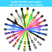Load image into Gallery viewer, GAMUDA Puppy Collars ID Tags – Super Soft Nylon Whelping Puppy ID - Adjustable Breakaway Litter Collars Pups – Assorted Colors Plain &amp; Identification Collars with 2 Record Keeping Charts – Set of 12