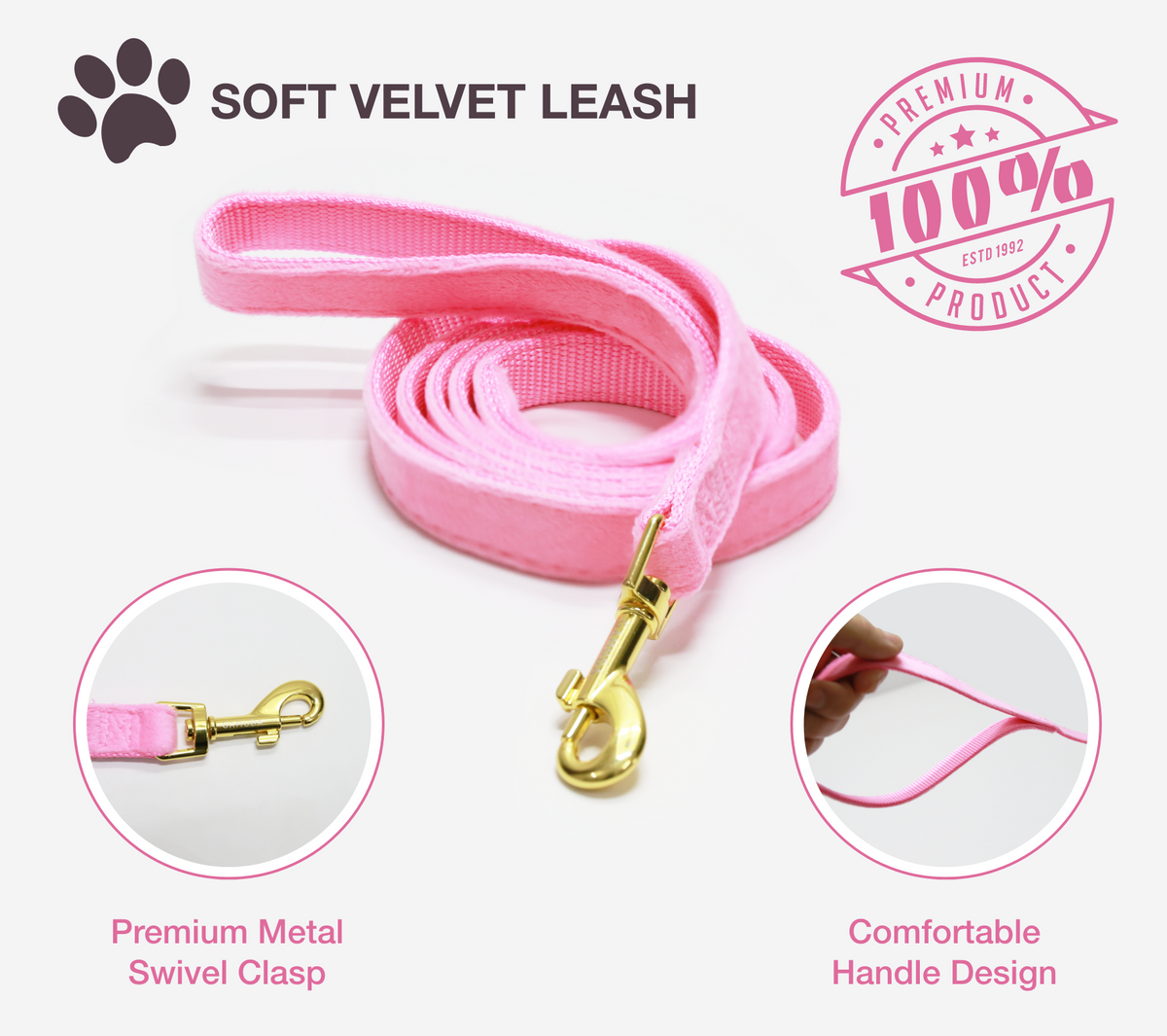 GAMUDA Velvet Dog Collar and Leash, Super Soft and Smooth, Heavy Duty Gold Buckle, Comfortable and Easy to Clean, Adjustable Collar for Dog